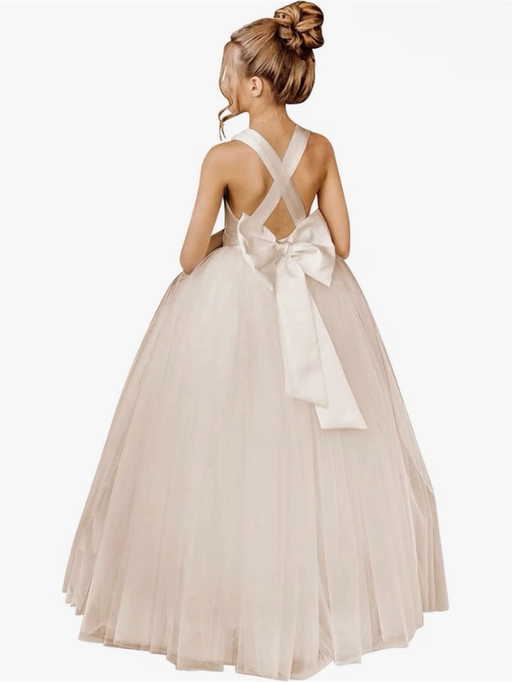 Girls' Ivory Tulle Cross-Back Flower Girl Dress with Bow